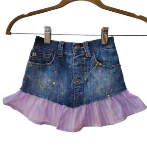 Upcycled Distressed Denim Skirt Baby Girl 18-24 months, Paint Splatter Purple